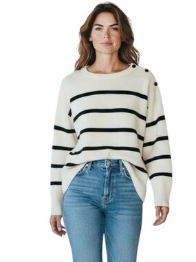 JigSaw 100% Wool Button-Shoulder Striped Soft Sweater M Ivory/Black